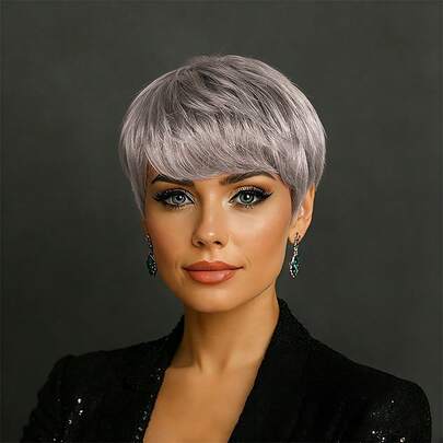 Glueless Grey Color 4-Inch Pixie Cut Human Hair Wig - Brazilian Hair With Bangs, Easy To Wear Cosplay Wig, Straight Layered Look, Ideal For Women's Cosplay & Parties & Date, Hi-POP Music Dancer/Rapper Wear, Cosplay Wig