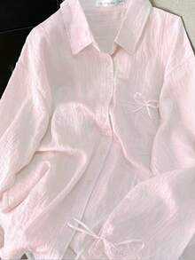 Women's Solid Color Minimalist Casual Bow Decor Long Sleeve Sun Protection Top - Baby Pink - View 3