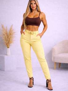 Women's Tailored High-Waisted Trousers With Shaping Belt, Straight Leg, Modern, Slim Fit, Elegant, Premium, Casual, Chic, Party Style - 黃色 - 查看 4