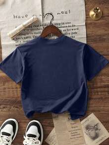 Summer TopsWomen's Summer New Simple Slogan Print Casual Vacation Style Loose Fit Round Neck Short Sleeve T-Shirt, Fashionable Everyday Top, Suitable - 藏蓝色 - 查看 5