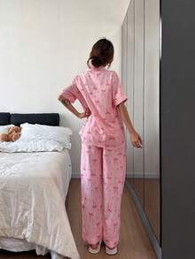 Dreamivo Set de pijamale roz cu imprimeu dulce și funde, cardigan cu guler, mânecă scurtă + pantaloni cu croi larg, material moale, pijama de casă feminină, poate fi purtată în aer liber, 2 bucăți - Roz - Vizualizare 7