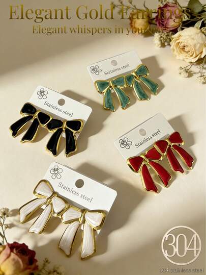 Elegant Four-Color Women's Earrings In A Bow Design, Crafted From High-Quality Stainless Steel With An 18K Gold-Plated Finish. Stylish And Sophisticated, They Are Perfect For Everyday Wear Or Special Occasions. Ideal As Birthday Gifts, Holiday Gifts, Mother's Day Gifts, Or A Gift For Mom.