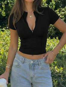 女士时尚优雅休闲拉链半开襟短袖上衣 - 黑色 - 查看 3