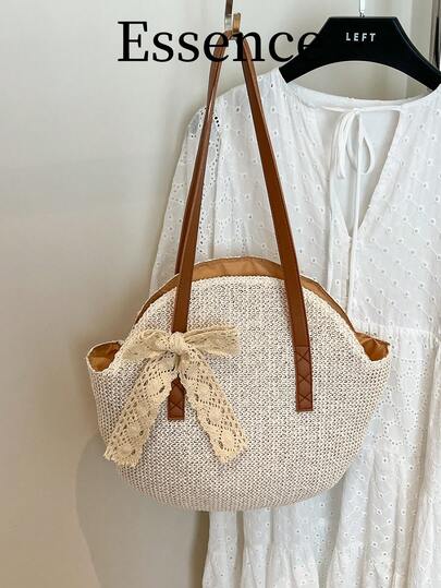 1pc Beige Lace Scarf Decor Large Capacity PVC Woven Tote Bag, Women's Spring Beach Vacation Shoulder Bag