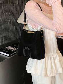 Neue Mode Nischen-Stil lässige vielseitige Bucket Bag, matte klassische hochwertige breite Riemen Damen Schultertasche, Umhängetasche geeignet für Arbeit, Dates, Einkaufen, täglichen Gebrauch - Schwarz - Übersicht 4
