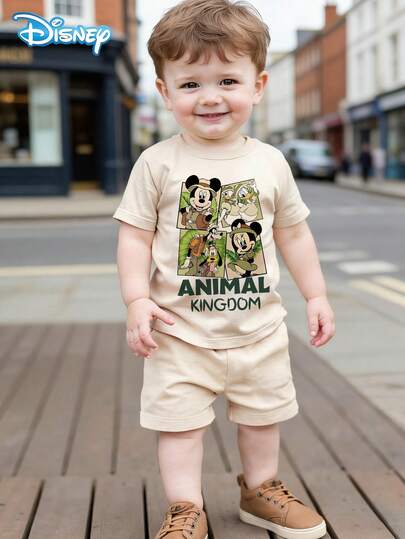 Disney Bộ áo thun ngắn tay và quần short mùa hè cho bé trai hình chuột Mickey & Minnie dễ thương, chất liệu co giãn, thích hợp cho trẻ sơ sinh mặc hàng ngày.