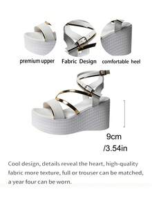 2026新款9厘米高跟厚底凉鞋，拉长腿部线条，性感交叉踝带，质感皮革，舒适贴合，独特的压边金色饰边设计，优雅大方，适合日常、派对、T台等场合，穿着舒适，不易疲劳，百搭实用，夏季必备女式凉鞋 - 白色 - 查看 6