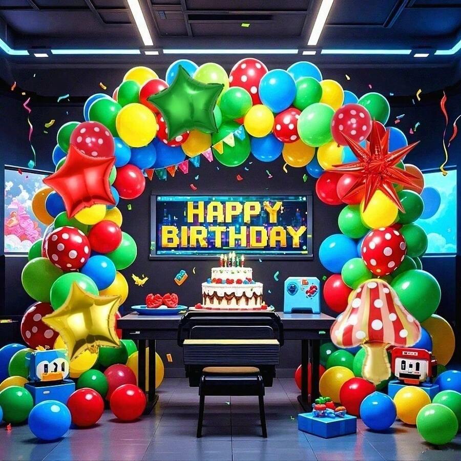 138pcs Cartoon Balloon Arch Kit, Includes 12 Inch, 10 Inch, 5 Inch Red, Yellow, Blue And Green Balloons, And Mushroom Foil Balloons, Perfect For Cartoon Theme Birthday Party, Carnival Party Decoration - 138pcs Red, Yellow, Blue and Green - View 1
