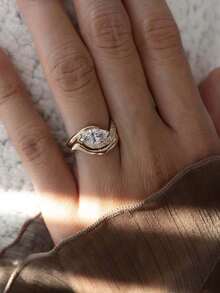 Set de 2 anillos de ojo de caballo de circonita de plata de ley 925 con diseño minimalista y lujoso, adecuado para bodas, fiestas, uso diario, regalo de boda perfecto para mujeres - Dorado - Ver 3