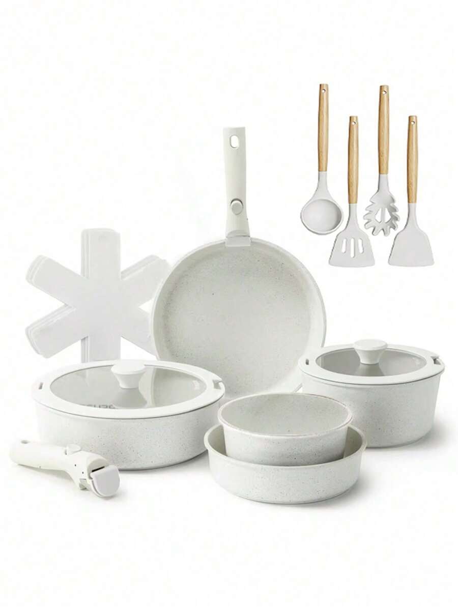 17 Piece Non-Stick Ceramic Cookware Set, Newly Upgraded Button-Type Detachable Handle, Oven  480°F, Induction Compatible, All-In-One Fry Saute Stew Simmer, Stackable Space Saving Pots & Pans With Utensils, Lids, Pot Pads - White - View 1