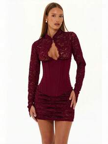 2026 New Sexy Fashion Lace Hollow Out Slit Slim Waist Belted Sleeveless Dress For Women - 紅色(褲子)現貨 - 查看 10