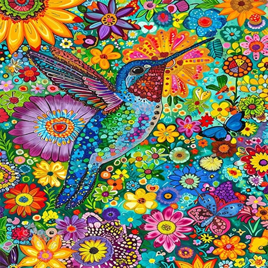 1pc 5D DIY Diamond Painting Colorful Hummingbird & Floral Diamond Art Kit, DIY Handcraft Rhinestone Painting Decor For Living Room Or Bedroom, Perfect For Holiday Gifts - No Frame - View 1