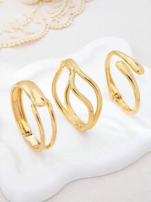 3pcs/1set Minimalist Gold-Tone Geometric Hollow Asymmetrical Water Drop Thick Textured Bangle Set, Suitable For Women, Solid Metal & Zinc Alloy Material - Yellow Gold - View 5