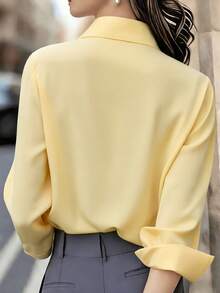 Women's Purple Lapel Long Sleeve Button-Up Shirt, Soft Knitted Fabric, Suitable For Work Or Casual Wear - Yellow - View 3