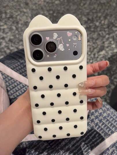 1个可爱猫耳硅胶波点手机壳，兼容 17/16/15/14/13 Pro Max，可爱少女设计师款