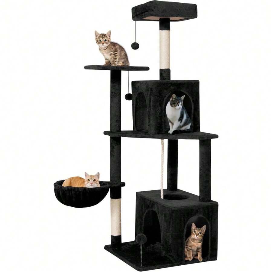 Cat Tree 54-Inch Cat Tower With Padded Plush Perch 2 Comfy Caves, Scratching Posts, Basket, 2 Pompoms, Multi-Level Plush Cat Condo For Indoor Cats Kittens, Black - Black - View 1