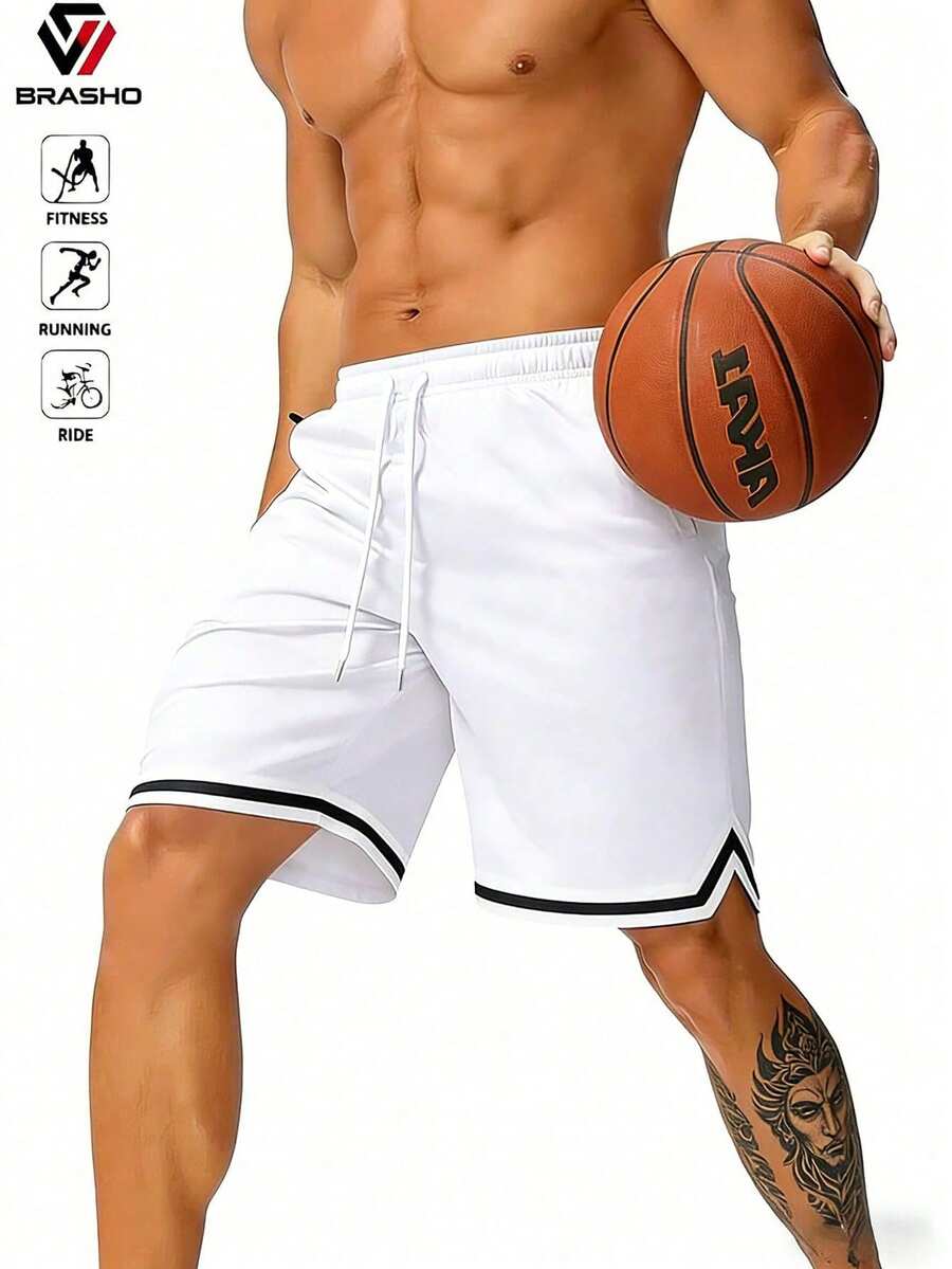 Men's Summer Casual Fashion Sports Basketball Shorts, Drawstring Elastic Mesh Quick-Dry Knee-Length Shorts - White - View 1