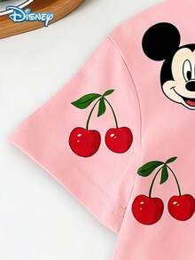 Disney 夏季女宝宝两件套，可爱米奇米妮印花短袖T恤和短裤套装，休闲女宝宝日常基础款樱桃水果印花针织圆领T恤和松紧腰裤，户外度假装 - 粉色 - 查看 5