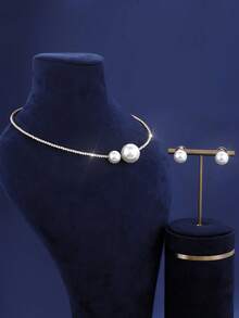 时尚婚礼首饰套装 - 仿珍珠和水钻项链、金色手镯、耳钉，女士奢华时尚优雅之选 - 金色 - 查看 3