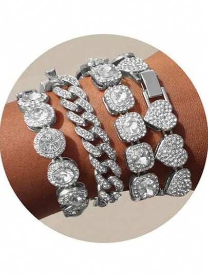 4 piezas Pulseras de cadena de metal con capas, estilo cubano, cuadrado, redondo y corazón completamente enjoyado, estilo hip hop unisex, joyería brillante de Miami, regalo para el Día de San Valentín