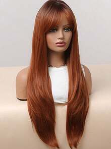 28 Inch 1 Piece Synthetic Heat-Resistant Straight Hair Dirty Orange Bangs Layered Middle Part Synthetic Wigs,Comfortable Natural Bend Women Synthetic Wigs Chemical Fiber Wig Long Straight Wigs Layered Middle Part Wigs Suitable For Summer Daily Parties, Costume Parties, Music Festivals, Holidays, Daily Wear, A Practical Gift For Girls - Dirty Orange - View 4