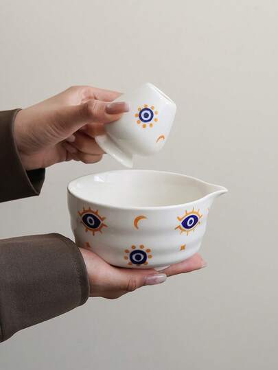 1件/2件/3件套图腾陶瓷抹茶碗套装，日月图案，手绘精美设计，抹茶冲泡工具，抹茶杯，茶筅架，茶杯，适合家居装饰、抹茶爱好者、咖啡馆、甜品店、酒店、餐厅，礼品