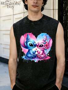 Disney Men's Washed Cotton Sleeveless Printed Vest, Cartoon Stitch And Angel Pattern Printed Vest, Suitable For Both Men And Women, High-Quality Pure Cotton Vest, Suitable For All Seasons, Comfortable And Breathable | Exquisite Design | The Best Choice For Gifts - màu đen - Xem 1