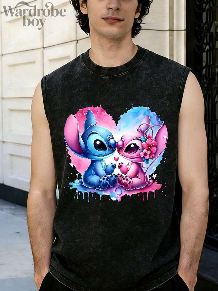 Disney Men's Washed Cotton Sleeveless Printed Vest, Cartoon Stitch And Angel Pattern Printed Vest, Suitable For Both Men And Women, High-Quality Pure Cotton Vest, Suitable For All Seasons, Comfortable And Breathable | Exquisite Design | The Best Choice For Gifts - màu đen - Xem 1