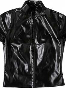 Y2K Punk Style Essential Chic Faux Leather Short Sleeve And Stand Collar Slim Fit Solid Color Shirt - Black - View 6