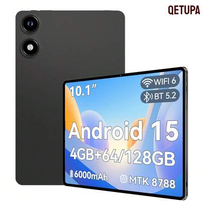 Qetupa 2026 平板电脑，10.1 英寸，Android 15 系统，1280x800 高清显示屏，4GB 运行内存 + 64GB/128GB 机身存储，6000mAh 电池，MTK 8788 2.0 GHz 八核处理器，支持 Widevine L1、WiFi 6 和蓝牙 5.2，Play Tablet PC