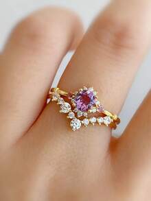BALMORA 1pc Rose Queen S925 Silver Plated 18K Gold Vintage Ruby Zirconia Pure Silver Ring, Exquisite & Elegant Gift For Girls - Gold - View 7