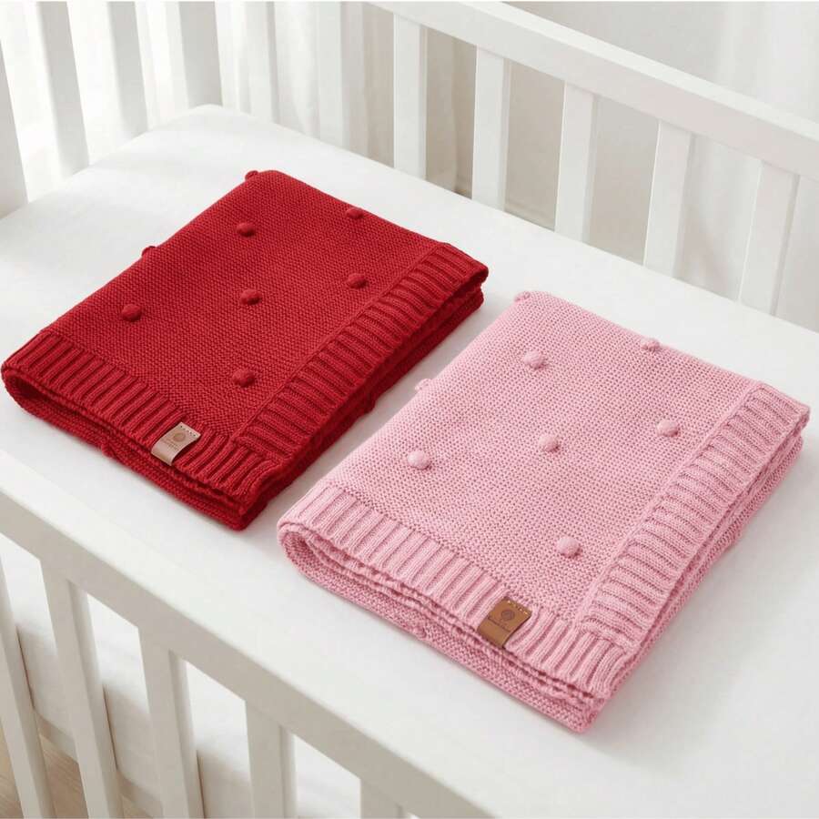 Set Of 2 Knitted Baby Blankets, Warm Baby Blanket For Hospital Arrivals, Polka Dot Design, Unisex, Boy/Girl, Baby Blanket Gift, Crib And Nursing - 紅色 - 查看 1