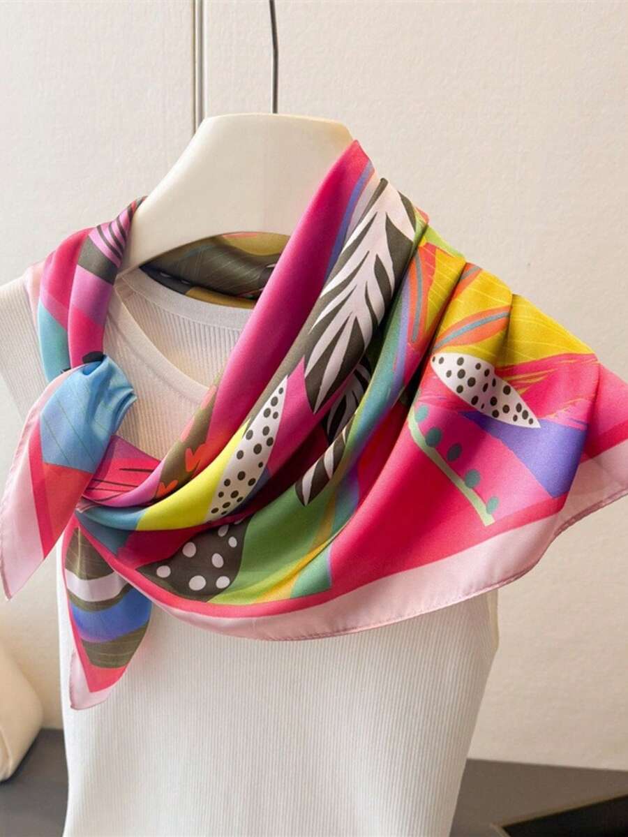 1pc Women's Elegant Retro Printed Lightweight Satin Square Faux Silk Scarf, Bohemian Style Casual Ladies Neck Scarf, Shawl, Thin & Comfortable Ladies Headscarf, Suitable For Spring/Summer Daily Wear And Outings - Multicolor - View 1
