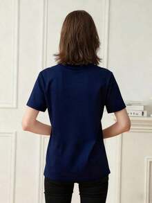 Summer TopsWomen's Summer New Simple Slogan Print Casual Vacation Style Loose Fit Round Neck Short Sleeve T-Shirt, Fashionable Everyday Top, Suitable - 藏蓝色 - 查看 6