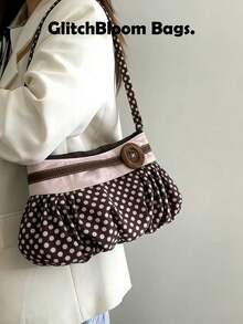 复古波点褶皱单肩包，Y2K风格云朵装饰搭扣斜挎包，女士休闲日常邮差包 - 棕色 - 查看 2