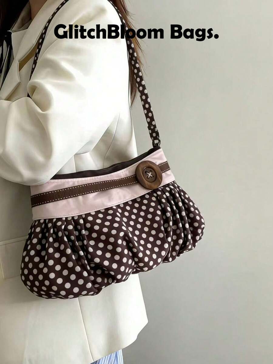 复古波点褶皱单肩包，Y2K风格云朵装饰搭扣斜挎包，女士休闲日常邮差包