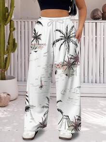 Womens Summer Wide Leg Pants Tropical Palm Tree Yoga Pants Sleeve Casual Trousers Beach Vacation Casual Wear Hawaiian Style Island Print Lightweight Breathable Summer Top Relaxed Fit Perfect For Luau Parties And Everyday Comfort For Womens Large Size Palazzo Pants - 彩色 - 查看 2