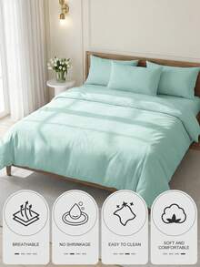 2/3件組被套組 床上用品套裝 純色親膚被套組 柔軟舒適 輕盈絲滑 適合所有季節 適用單人/雙人/加大床 1件被套與2/1件枕套 - 薄荷綠 - 查看 5