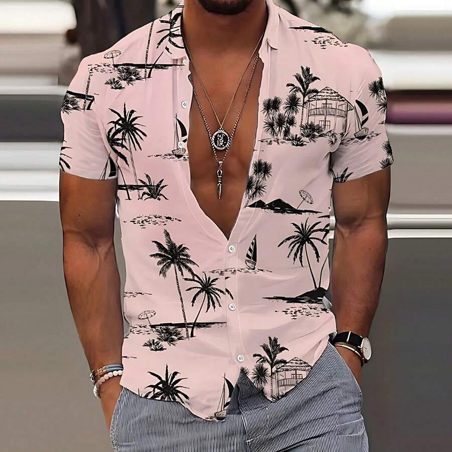 Palm Trees Swaying With Tropical Flowers Evoke A Carefree Island Spirit And Vibes 3D Print Hawaiian Beach Men Shirt Short Sleeve Casual Button Down Top - A508D-AL24075 - 查看 1