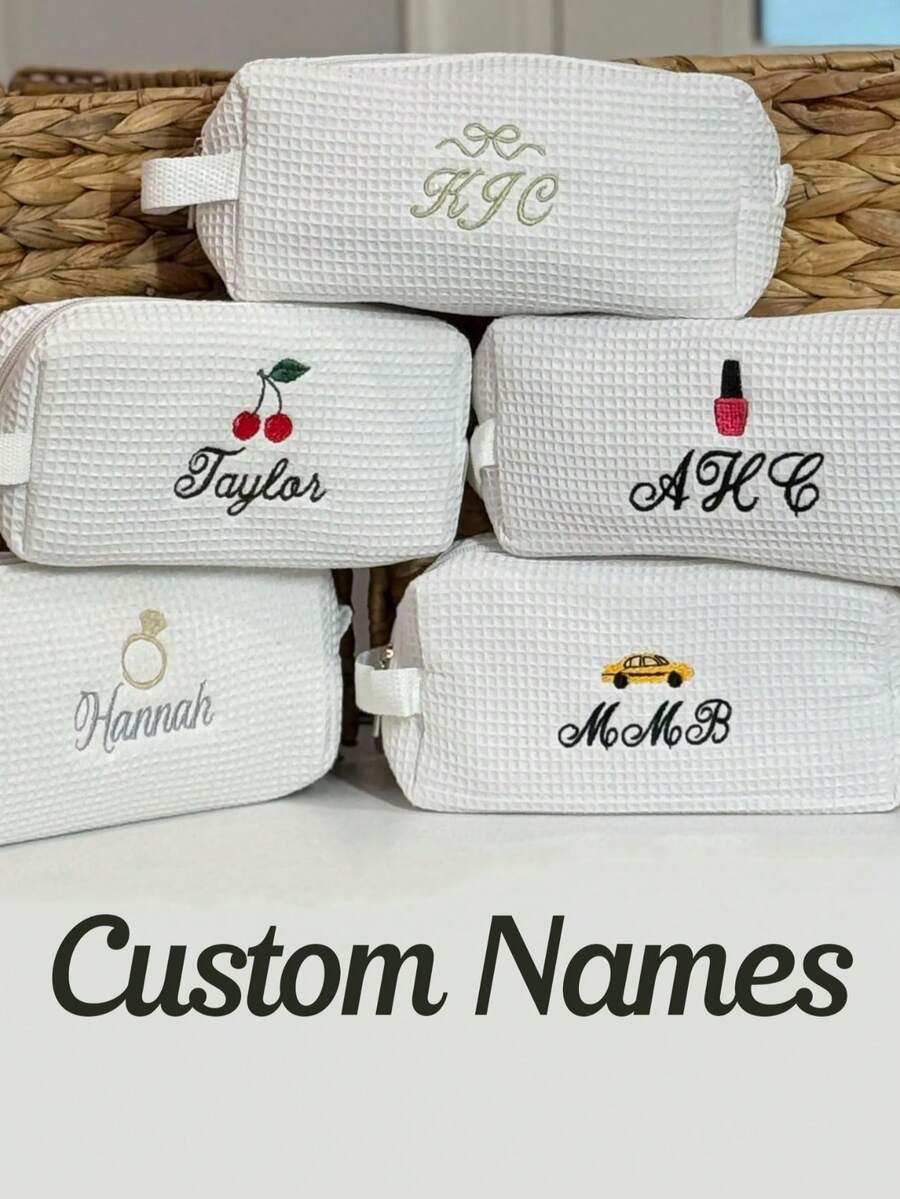 Personalized Waffle Makeup Bag, Customized Name Toiletry Bag, Embroidered Letter Makeup Bag, Initial Monogram Makeup Bag, Bridesmaid Waffle Woven Cosmetic Bag For Travel