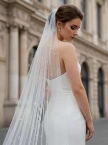 1pc Long Trailing Pearl Bridal Veil, Shiny French Elegant Soft Sheer Veil, Suitable For Cathedral Wedding - Multicolor - View 3