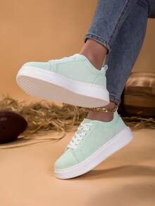 女士薄荷绿、天蓝、卡其色、灰色仿麂皮系带运动鞋，简约风格系带休闲鞋，透气厚底时尚日常鞋 - 薄荷綠 - 查看 2