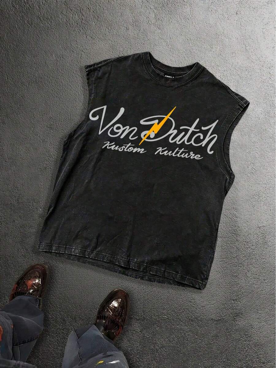 CHAOSHU Van Dutch CYBER WORLD Acid Wash Sleeveless Tank Top, Retro 80s Gradient Logo Graphic Vest, High-Quality Heavyweight Distressed Cotton Muscle Shirt, Men's Retro Streetwear, 3D VD Globe Tech Art, Summer Breathable Outfits, Premium Kustom Kulture Gear, Casual Cyberpunk Fashion, California Future Heritage Tank - màu đen - Xem 1