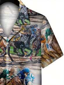Dynamic Horse Racing Scene Symbolizes Speed Determination And Victory Printed 3D Casual Button Up Shirt For Men Summer Breathable Streetwear Style - White - View 3