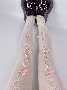 1 Pair Y2K Lolita Red Bow Tie Ripped Hollow Fishnet Thigh High Stockings For JK Girl - 粉色 - 查看 1