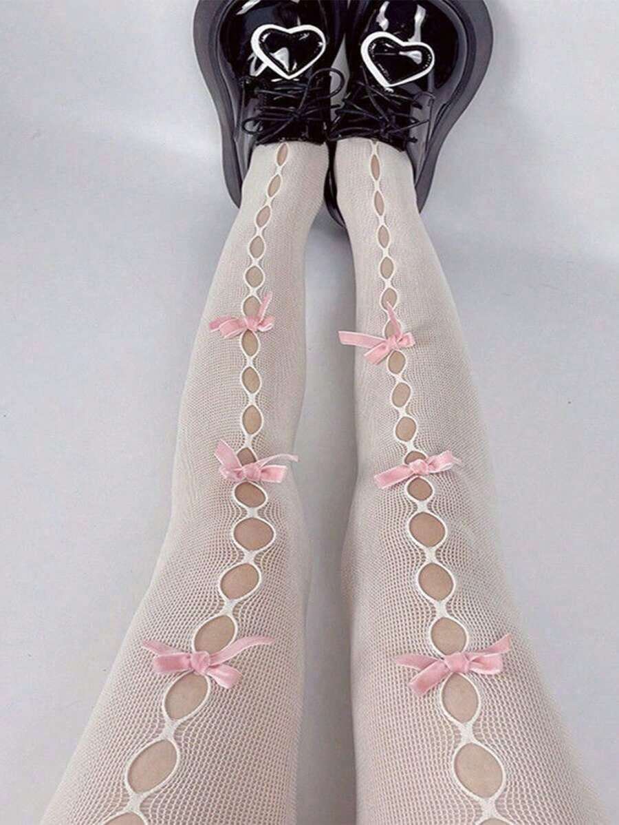 1 Pair Y2K Lolita Red Bow Tie Ripped Hollow Fishnet Thigh High Stockings For JK Girl - 粉色 - 查看 1