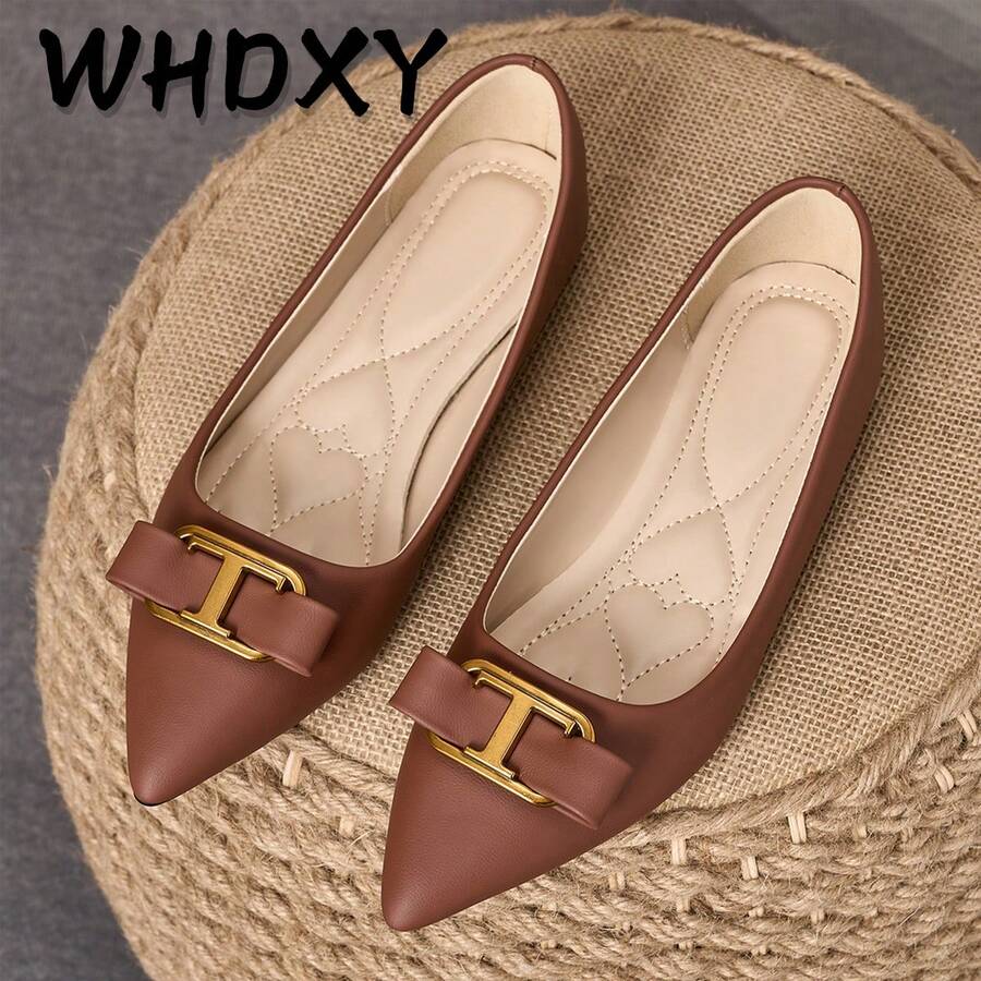 WHDXY 复古棕色金属T字带尖头女鞋,软底一脚蹬乐福鞋,适合通勤、工作、约会、日常休闲穿着。 - 鏽棕色 - 查看 1