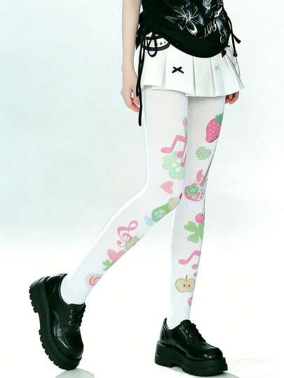1 Pair Women's Velvet Fruit & Music Note Print Pantyhose, Novel And Unique, Comfortable, Fashionable And Stylish, Perfect For Daily Wear, Commuting, Festival Parties And Outings