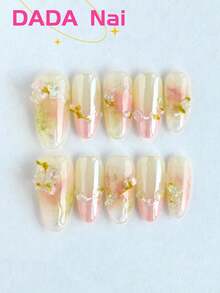 10pcs Long Almond Handmade Press On Nails, Pink Yellow Gradient Fake Nails, 3D Crystal Flower & Gold Foil Nail Art, Glossy Finish, Reusable Acrylic Nails For Y2K Style And Summer Daily Wear - Multicolor - View 1