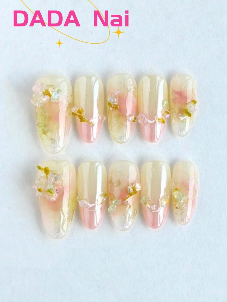 10pcs Long Almond Handmade Press On Nails, Pink Yellow Gradient Fake Nails, 3D Crystal Flower & Gold Foil Nail Art, Glossy Finish, Reusable Acrylic Nails For Y2K Style And Summer Daily Wear - Multicolor - View 1